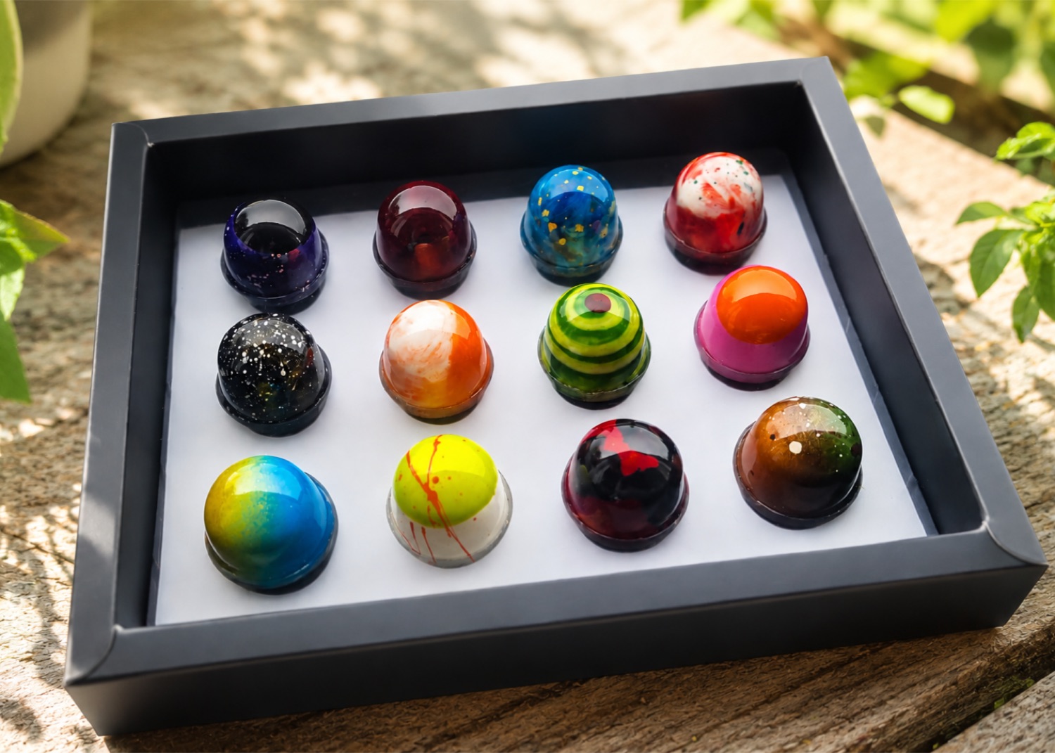 A black presentation box of twelve hand-painted chocolate bonbons in bright colours, photographed outdoors on a wooden surface